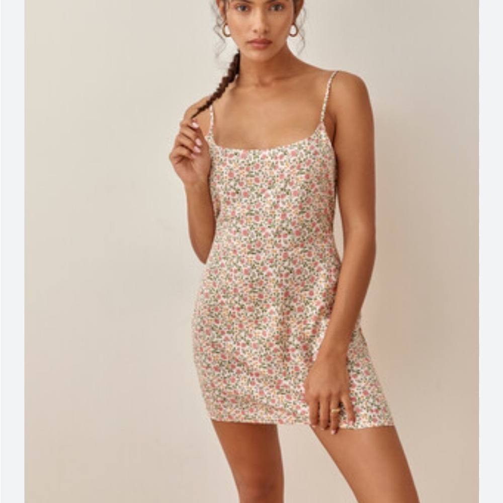 Reformation Cream Floral Mini Dress with Pink & Green Accents